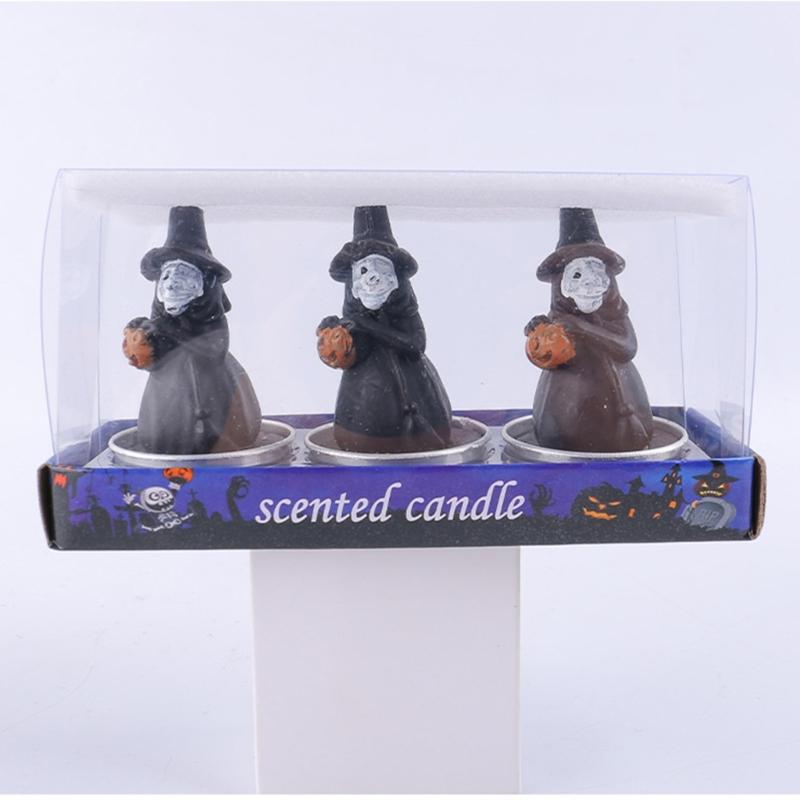 Set of 3 Halloween Themed Candle Ornaments Funny Black Cats Skull Pumpkin Witches Shape Candle for Home and Party Decors