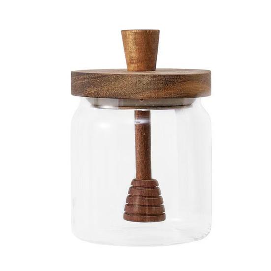 Glass Honey Jar 400ml Transparent Sealed Tank with Wooden Lid Dip Sticks Airtight Canister Syrup Dispenser for Home Kitchen Bar