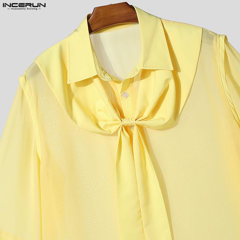 INCERUN Summer Men Lapel Short Sleeve Lace Mesh Sheer Casual Loose Shirts