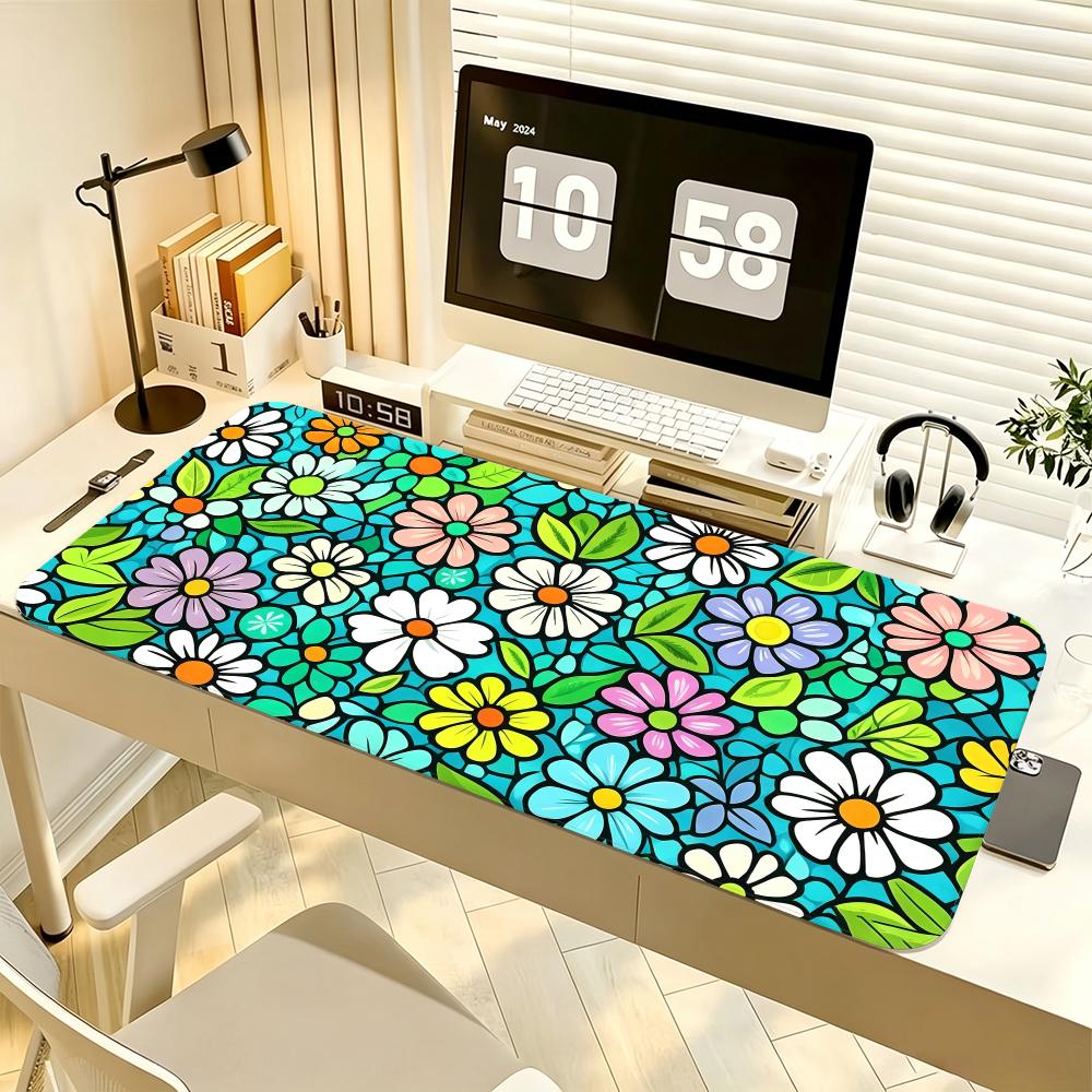 Colorful Daisy Pattern Mouse Pad Large Computer Office Game Table Mat Rubber Anti-slip Stitched Keyboard Mats 90x40 Desk Pads