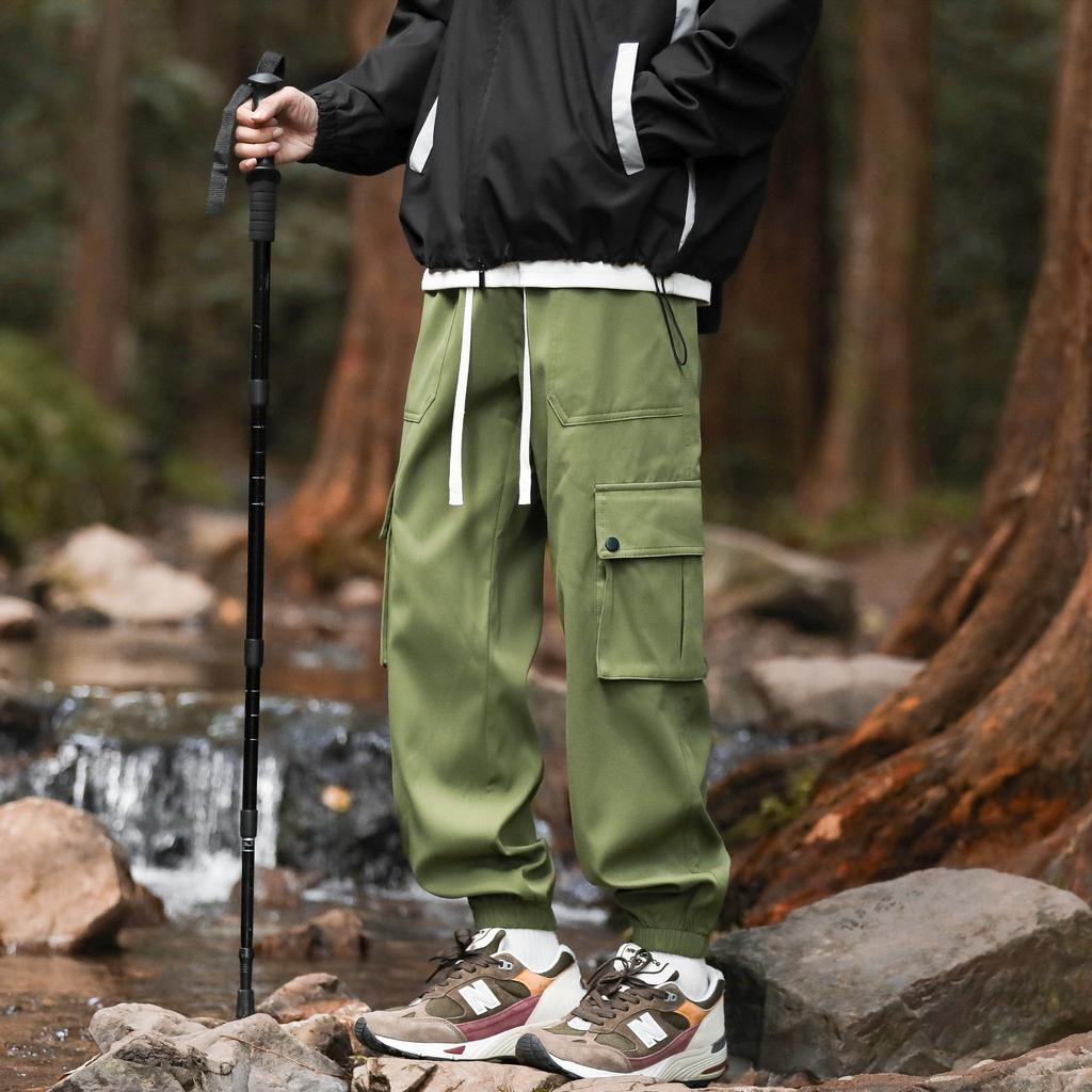 Work Pants for Men Loose and Handsome Multi-pocket Military Green Tie Pants Autumn Retro Paratrooper Pants