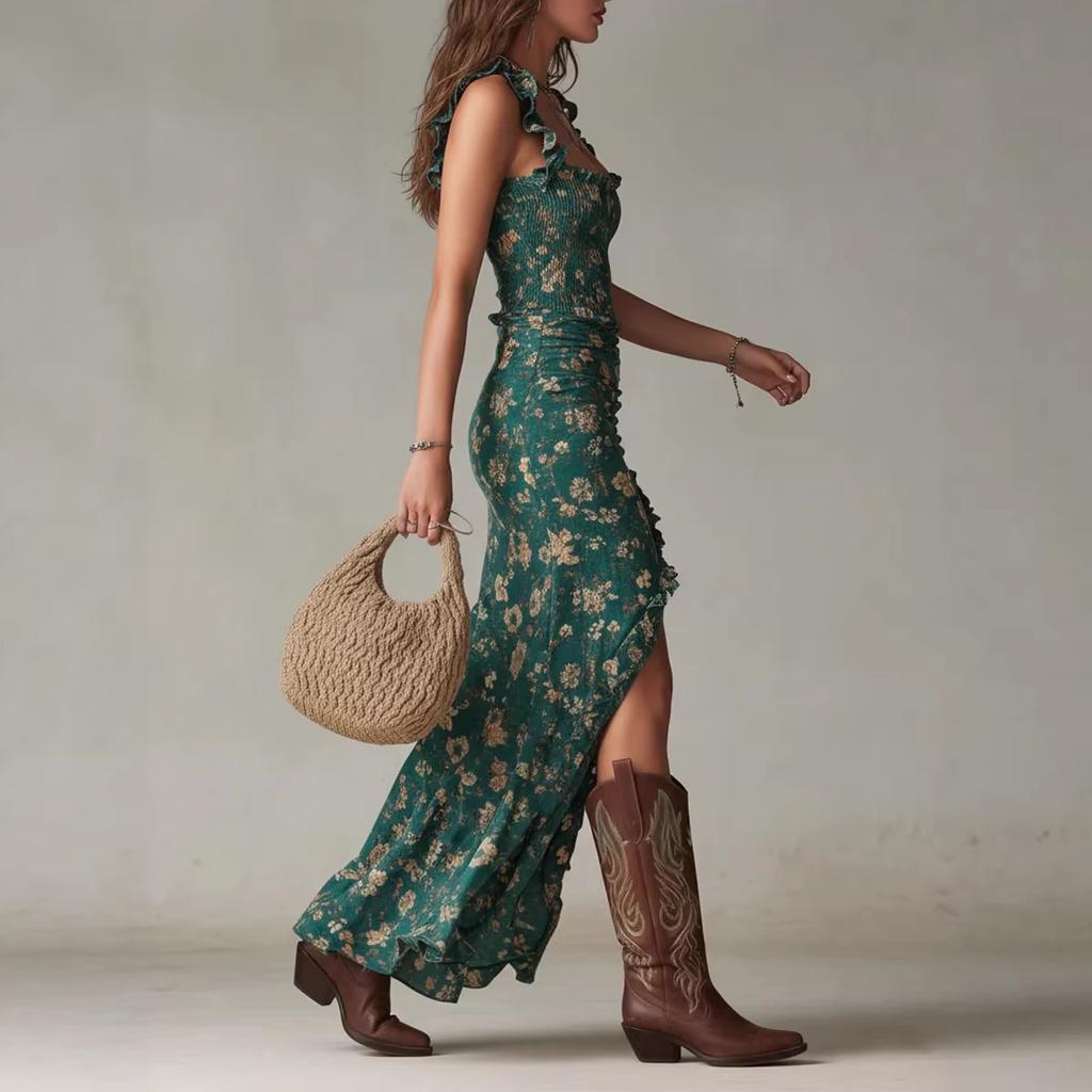 2026 idyllic summer new small floral printing slim-fitting and thin waist large skirt strap dress