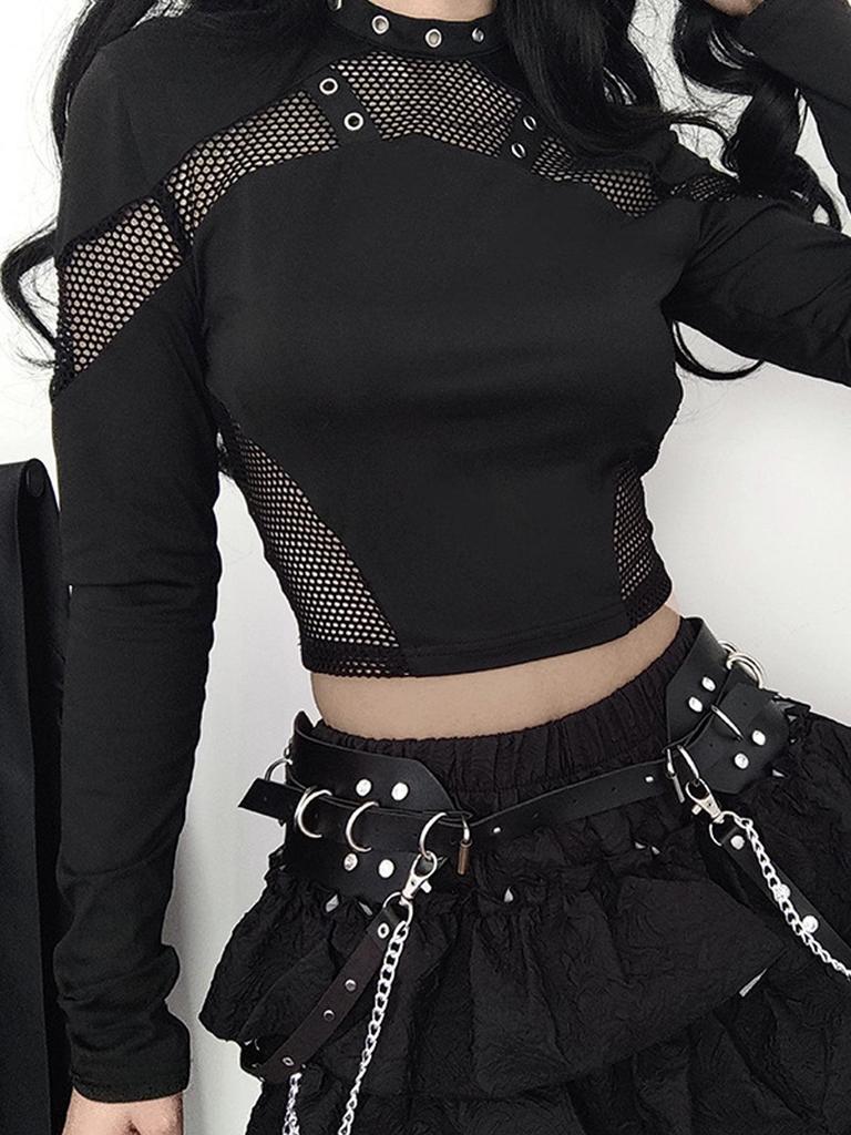 Dark Punk Y2K Mesh Cutout Slim-Fit Long Sleeve Top for Women