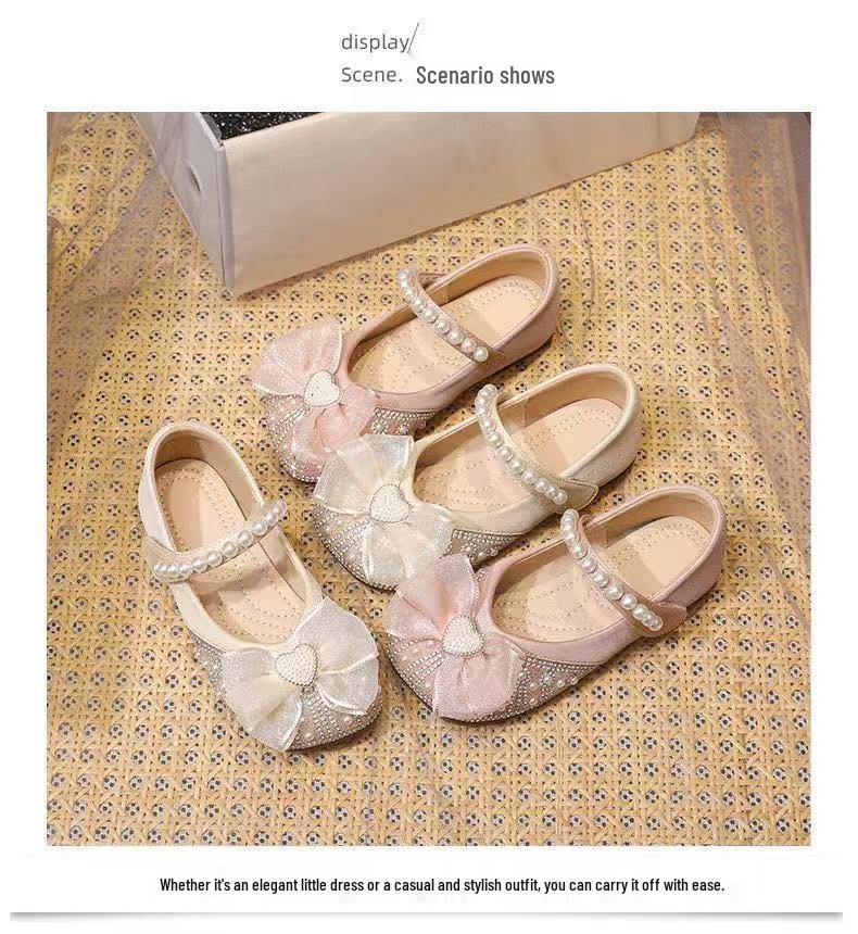 2026 Spring Girls' Princess Pearl Bow Leather Dress Shoes with Rhinestones - Korean Style, Soft Sole