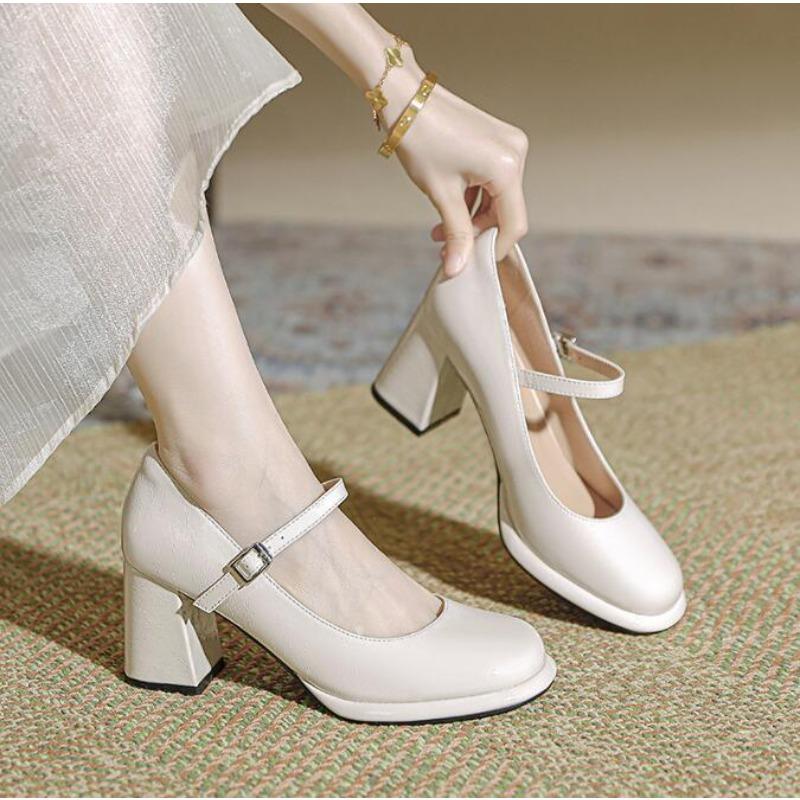 High Quality Spring Women's High Heels Mary Jane Shoes 2026 New Fashion Patent Leather Buckle Strap Shallow Mouth Shoe for Women
