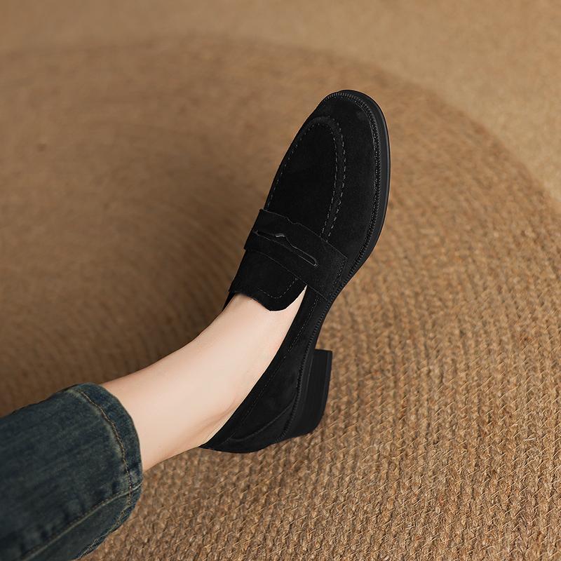 Fashion 2025 Spring Kid Suede Women Shoes Round Toe Chunky Heel Women Pumps Shoes for Women Genuine Leather Loafers Ladies Shoes