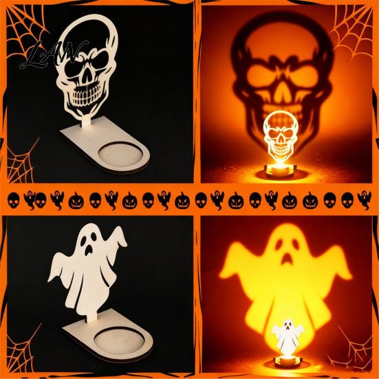 Halloween Tealight Base Wooden Candle Holder Ornaments, Decorative Cat/Pumpkin/ Ghost/Skull Projection Theme Light Stand, Creative Tabletop