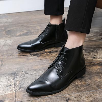 Men's Shoes Large Size Fashion Lace-up High-top Martin Boots British Style Men's Pointed Zipper Business Dress Leather Boots