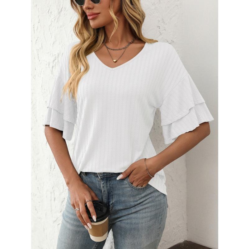 Women's Spring and Summer New Solid Color V-neck Lotus Leaf Sleeve Short-sleeved T-shirt Tops for Women