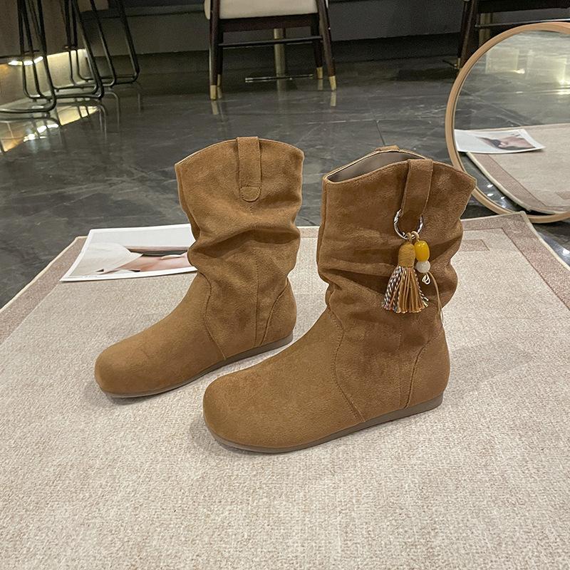 

Retro ethnic small pendant small short boots women s 2025 new autumn and winter sleeve round head stacking boots slim short boots 40 верблюд