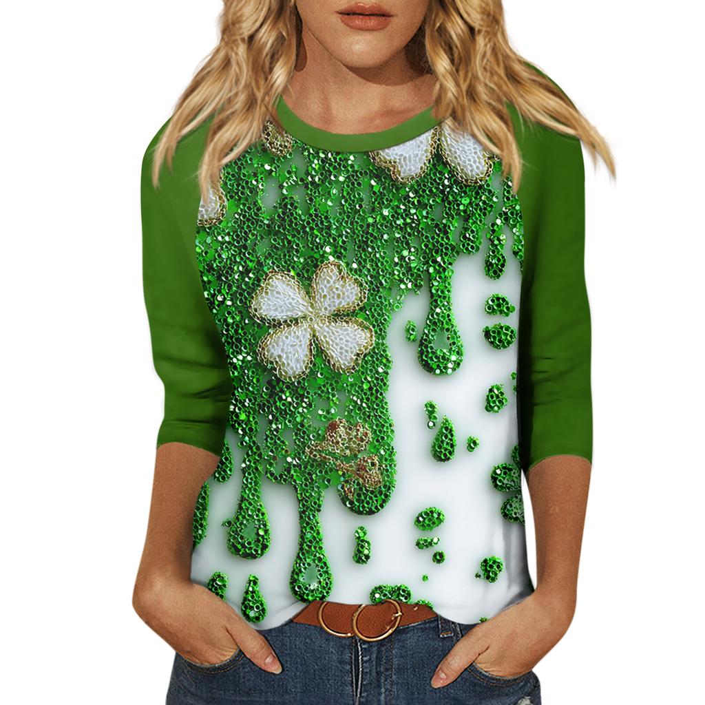 Women's St. Patrick's Day Print Round Neck Three-Quarter Sleeve Top