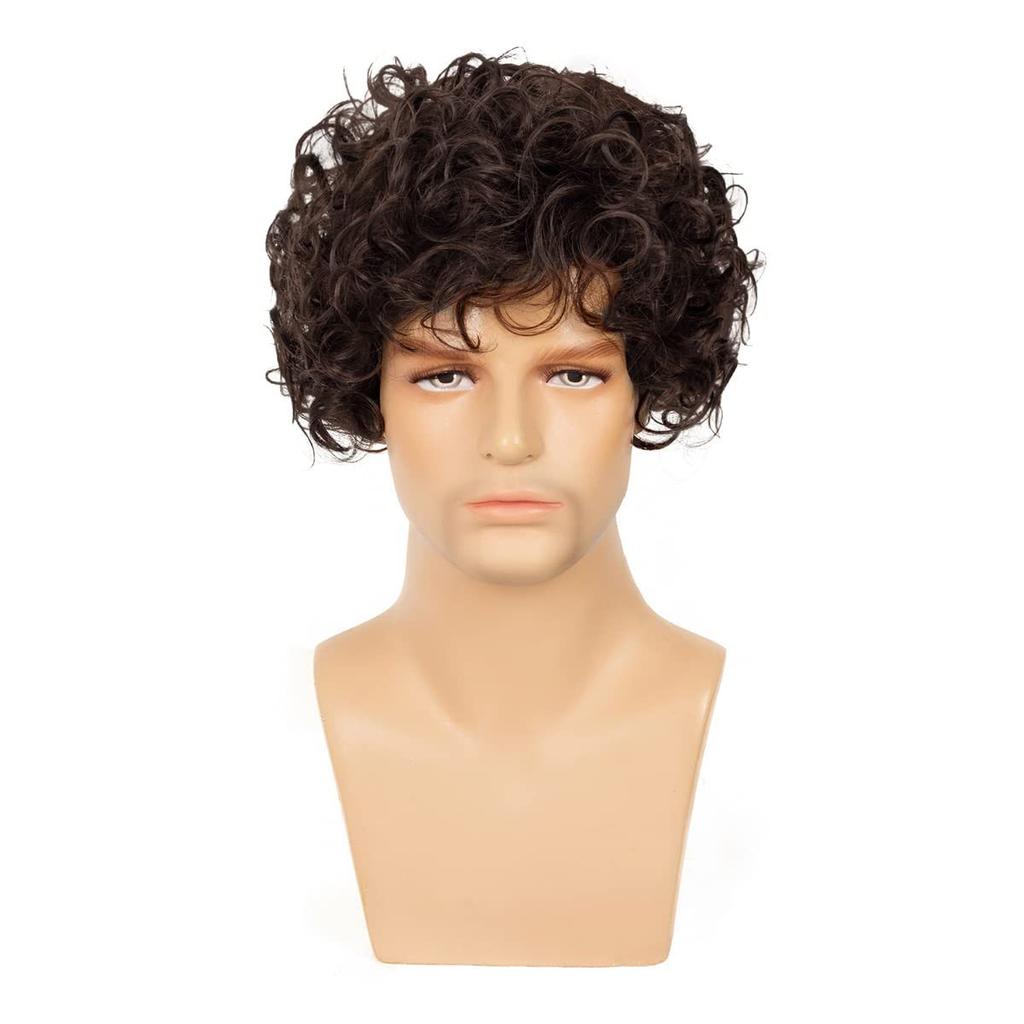 Synthetic Men Hair Fluffy Wigs With Bangs Black Brown Short Curly Layered Wig for Daily Party Heat Resistant Wigs
