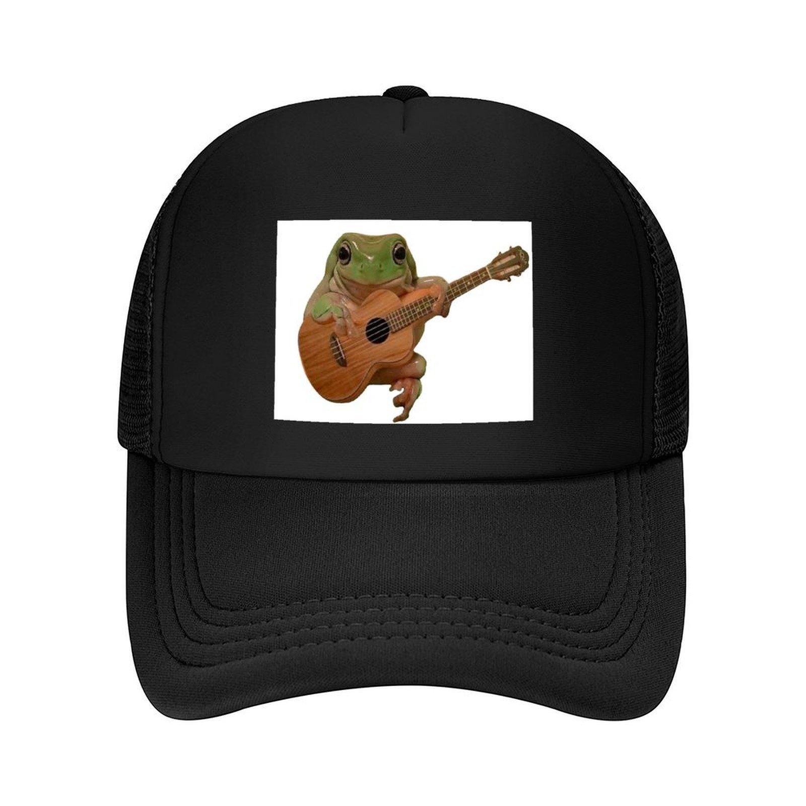 Лягушка, играющая на гитаре, милая лягушка, играющая на укулеле, милая лягушка сидит, сидит, реалистичное сидение и игра на бейсболке