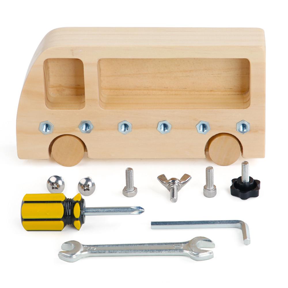 Montessori Wooden Toy Busy Bus Wood Screw Driver Board Basic Skills Game Toys Nuts Screw Bolts Set Gifts Kids Educational Toy