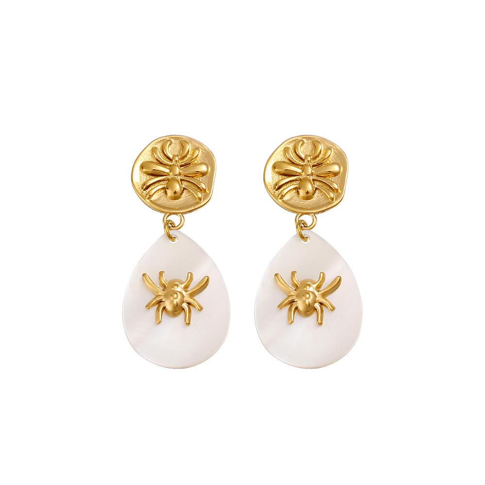 18K Gold Plated French Retro Spider Earrings - Elegant Water Drop Stainless Steel Studs for Women