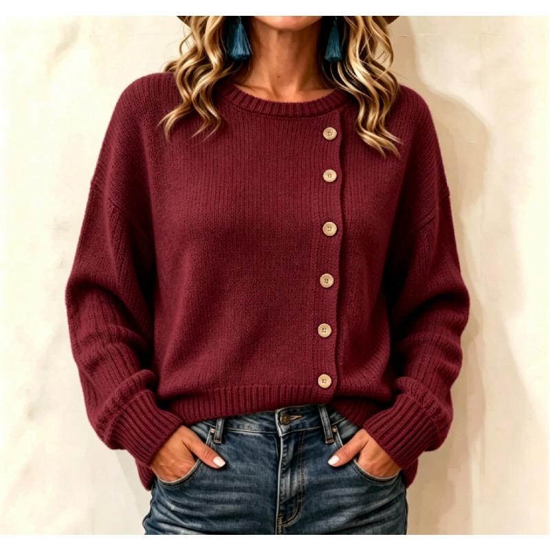 Women S Long Sleeve Knit Sweater Solid Color Loose Fit Button Detail Casual Wear