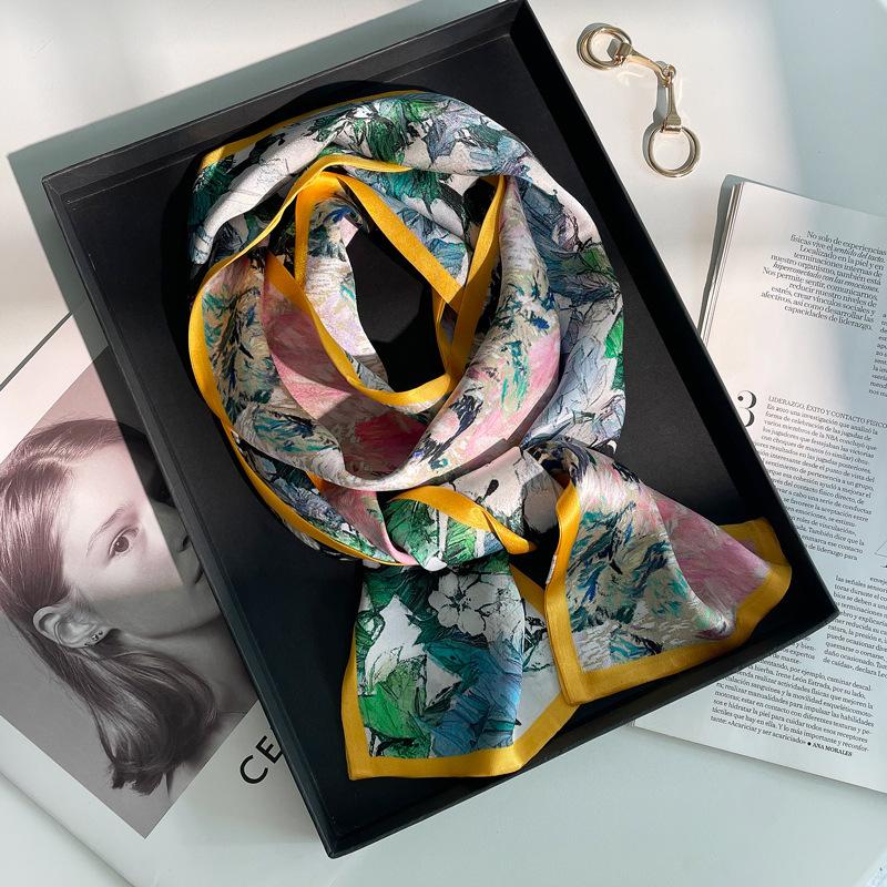 Hangzhou silk mulberry silk small long silk scarf women s versatile green oil painting silk scarf square scarf fashion small scarf 150cm