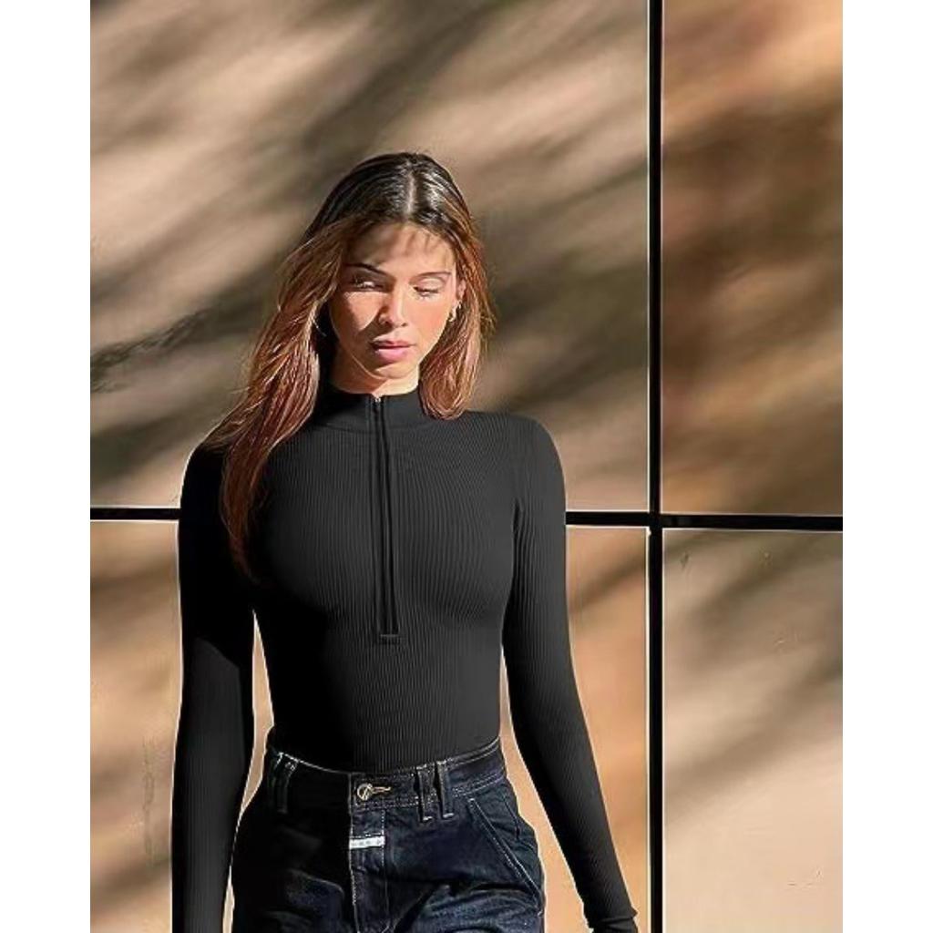 Long Sleeved Jumpsuit with Sexy Ribbed Front Zipper, Long Sleeved Top, Jumpsuit