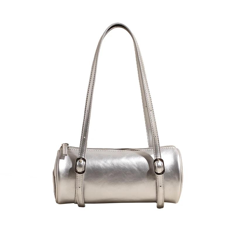 

High Quality Barrel-shaped PU Shoulder Bags Simple Versatile Sense of Luxury Personality Handbags for Women 2025 Fashion New Hot срібний