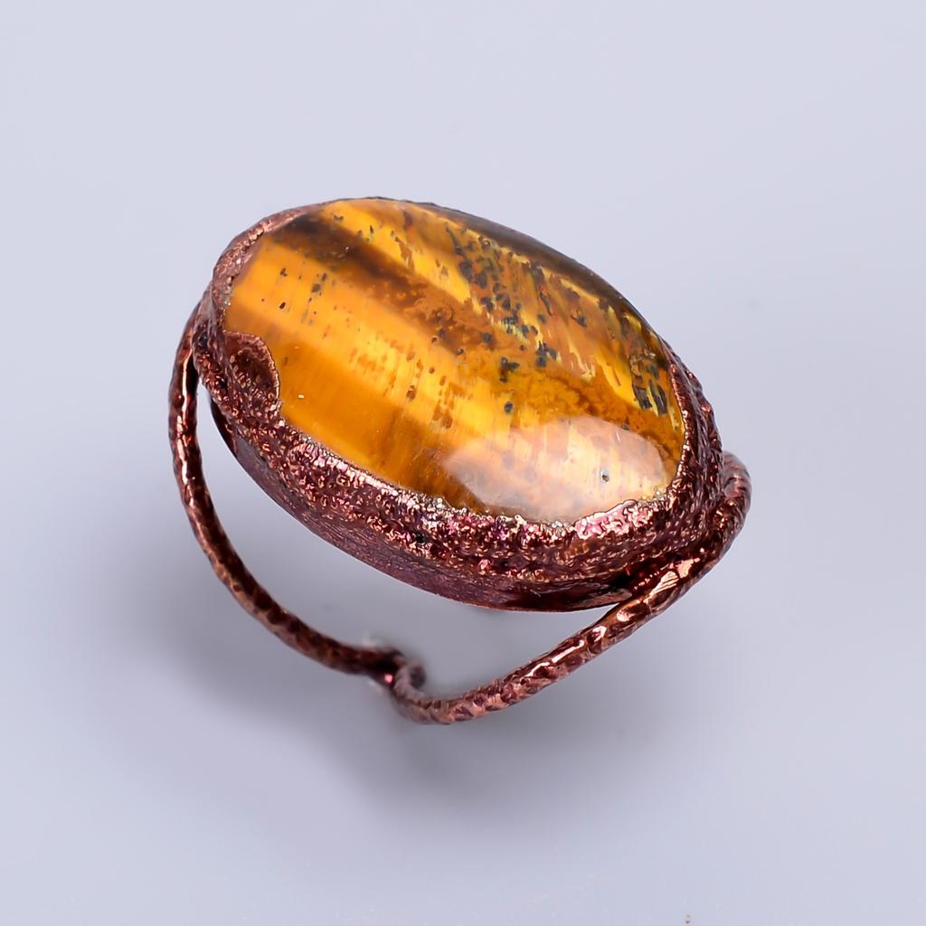 Tiger Eye Stone Eternity Electroformed Sacral Chakra Sisters Gift Ring Copper V-68