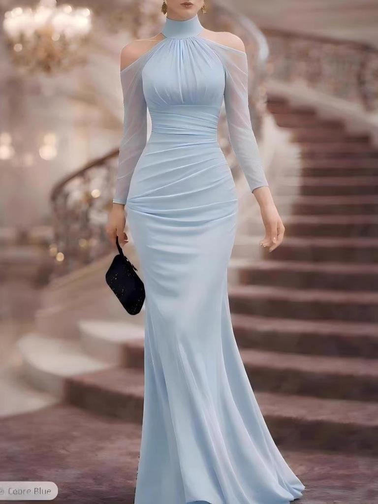Elegancka Damska Suknia Wieczorowa z Dekoltem Halter Seksowna Modna Długi Rękaw Odsłaniająca Ramiona
