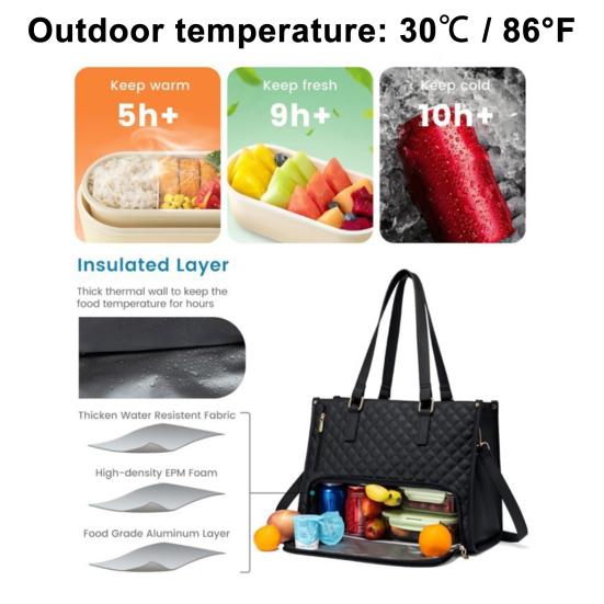 Dámská svačinová taška přes rameno s termoizolační přihrádkou na jídlo, velká kapacita, taška na notebook, prošívaná kabelka pro práci, cestování, business casual