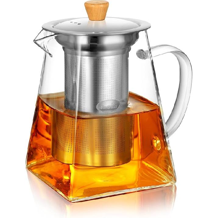 CNGLASS Glass Teapot with Infuser(37.5oz),Clear Tea Kettle with Removable Stainless Steel Strainer,Stovetop Safe Glass Teapot for Blooming and Loose 24oz(700ml)