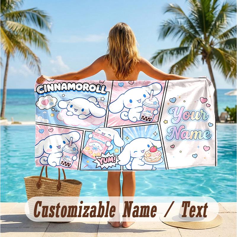 Custom Text Beach Towel, Soft Absorbent Swimming Multi-use TowelCinnamoroll