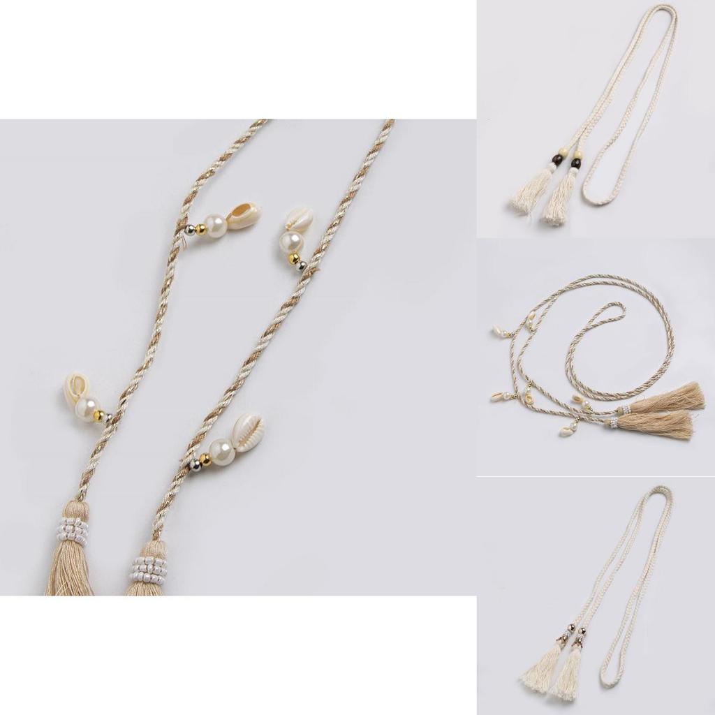 Boho Cotton Rope Waist Belt With Shell Tassels For Bohemian Festival Fashion