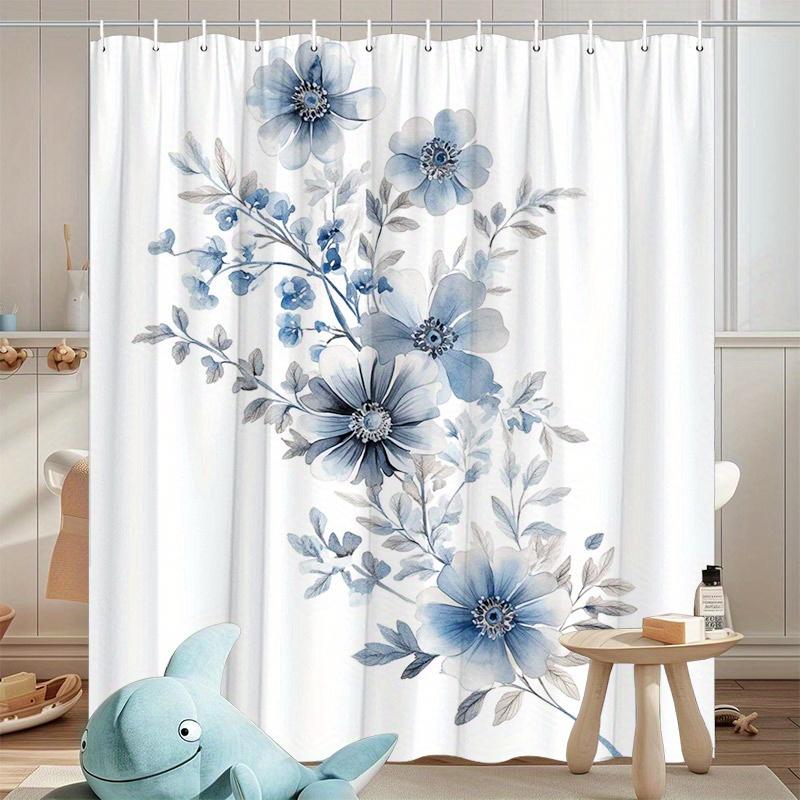 1pc Elegant Blue and White Floral Shower Curtain - Delicate Peonies and Star Flowers, Polyester, with Hooks, Machine Washable