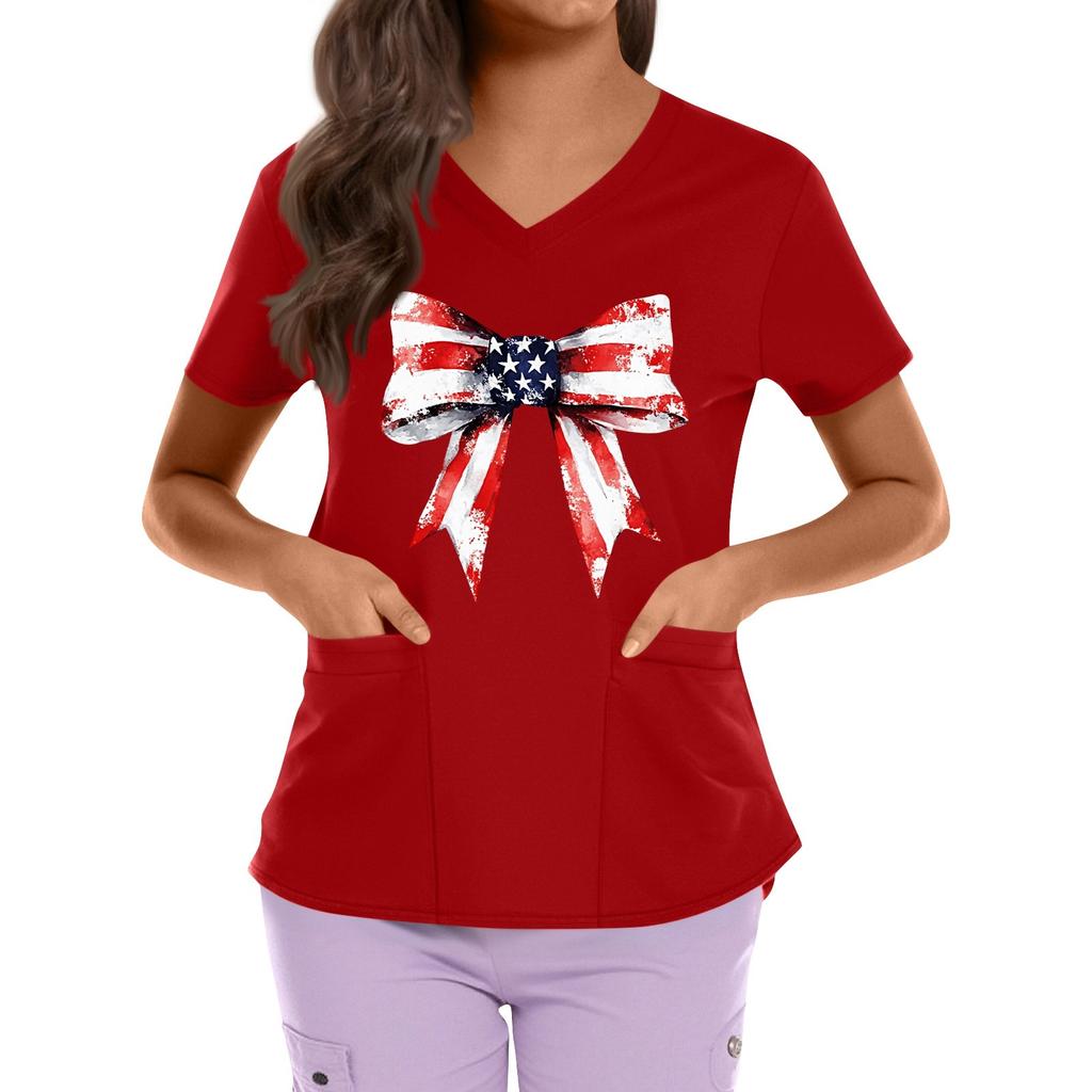 Plus Size Printed Scrub Working Uniform Tops For Women's Cross V Neck Independence Day Print Short Sleeve Fun T-Shirts Workwear Tee With Pockets
