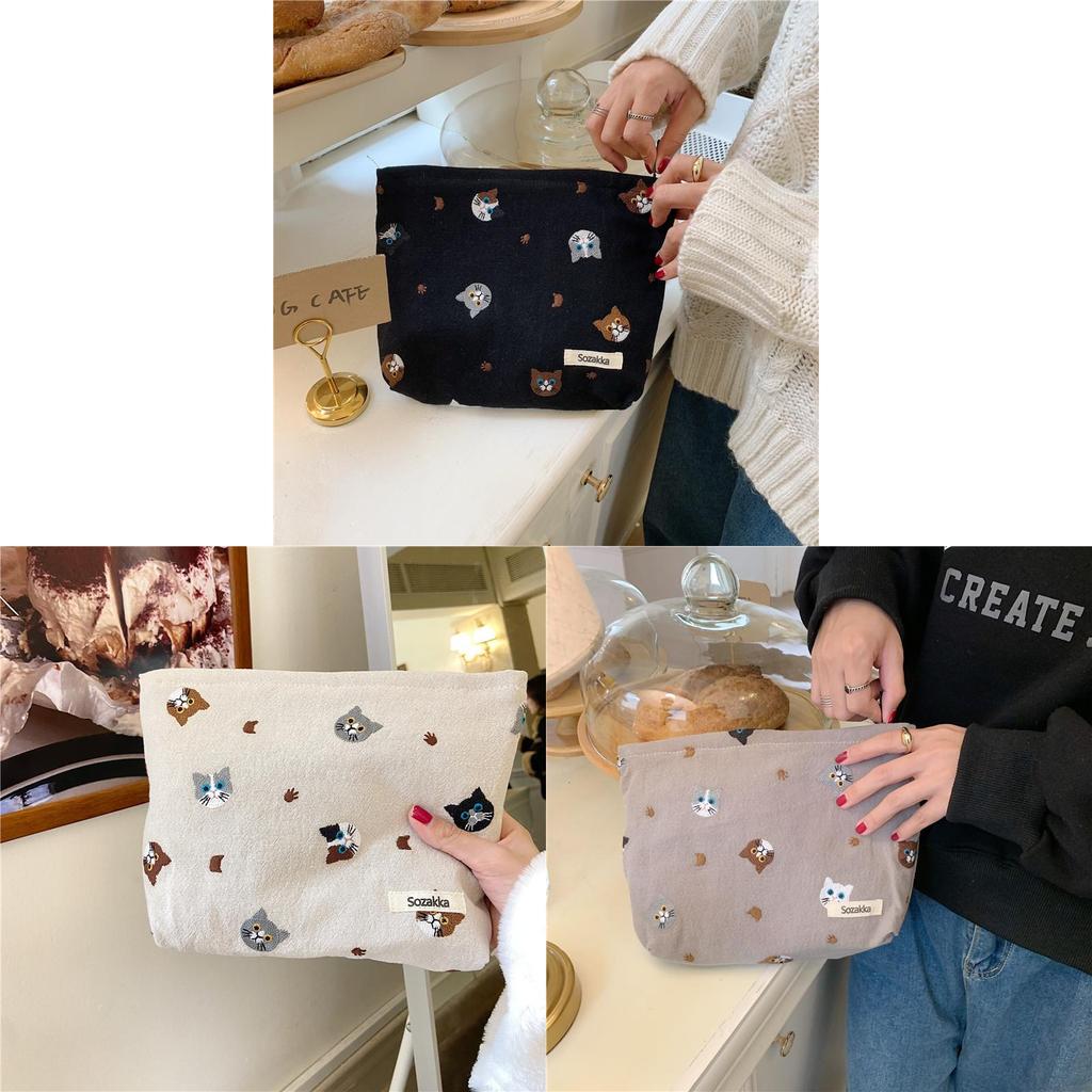 Cute Japanese Style Cat Linen Cosmetic Bag Lipstick Storage Pouch Pen Case Black Gray Beige Soft Canvas Zipper Closure