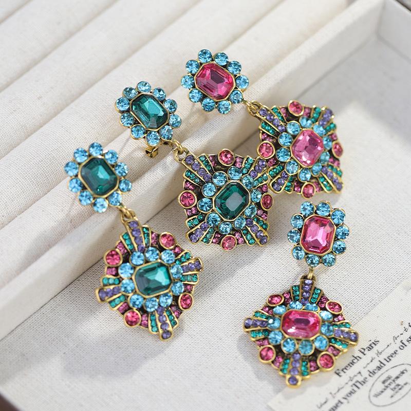 Colorful Geometric Zircon Long Earrings For Women, Sand Plated Vintage High-End Jewelry Gift