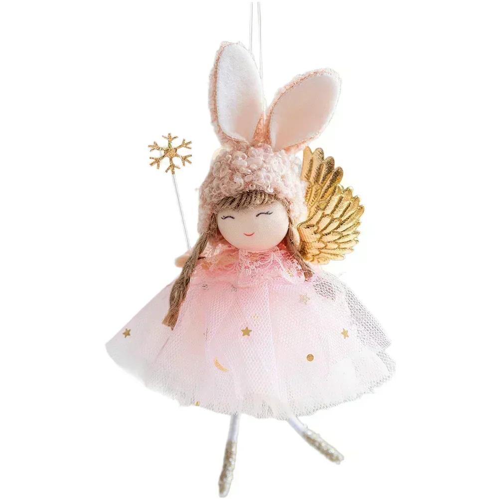 Adorable Bunny Ears Girl Christmas Ornament with Angel Wings Mystical Wand Lightweight Fabric Hanging Decoration