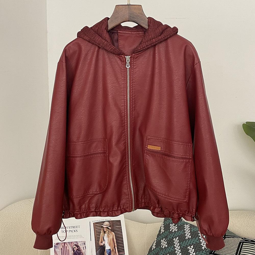 

OFTBUY Женская винтажная свободная короткая куртка из искусственной кожи с капюшоном, повседневная байкерская куртка, женская куртка на молнии в стиле ретро, байкерское пальто, верхняя одежда, топы L красный