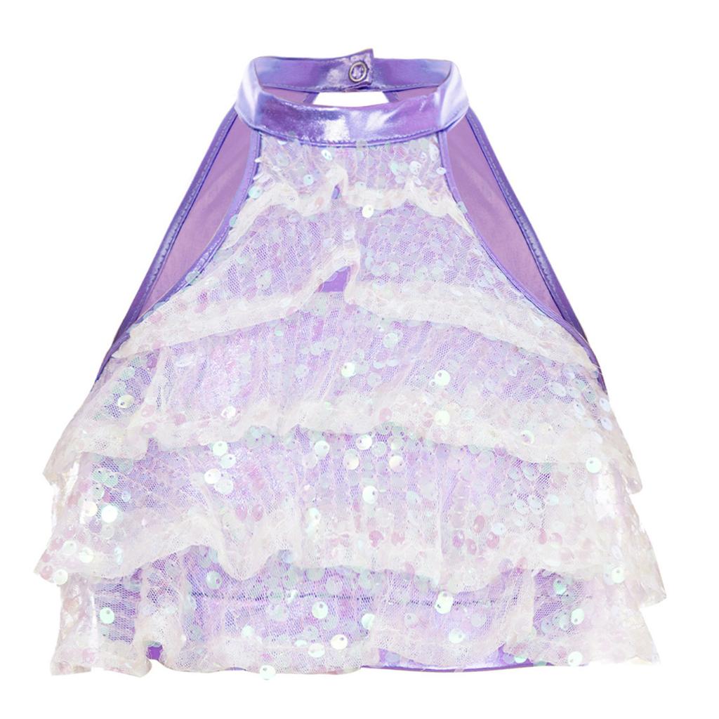 Girls Sleeveless Mock Neck Shiny Sequin Tiered Backless Crop Top Dance Performance Top