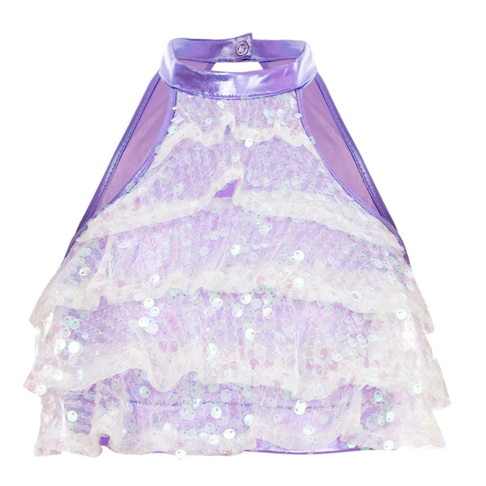 

Дівчачий спортивний кроп-топ без рукавів з коміром-стійкою, багатоярусним дизайном спини з паєтками, сценічний топ для танців 3-4 Years лавандовий