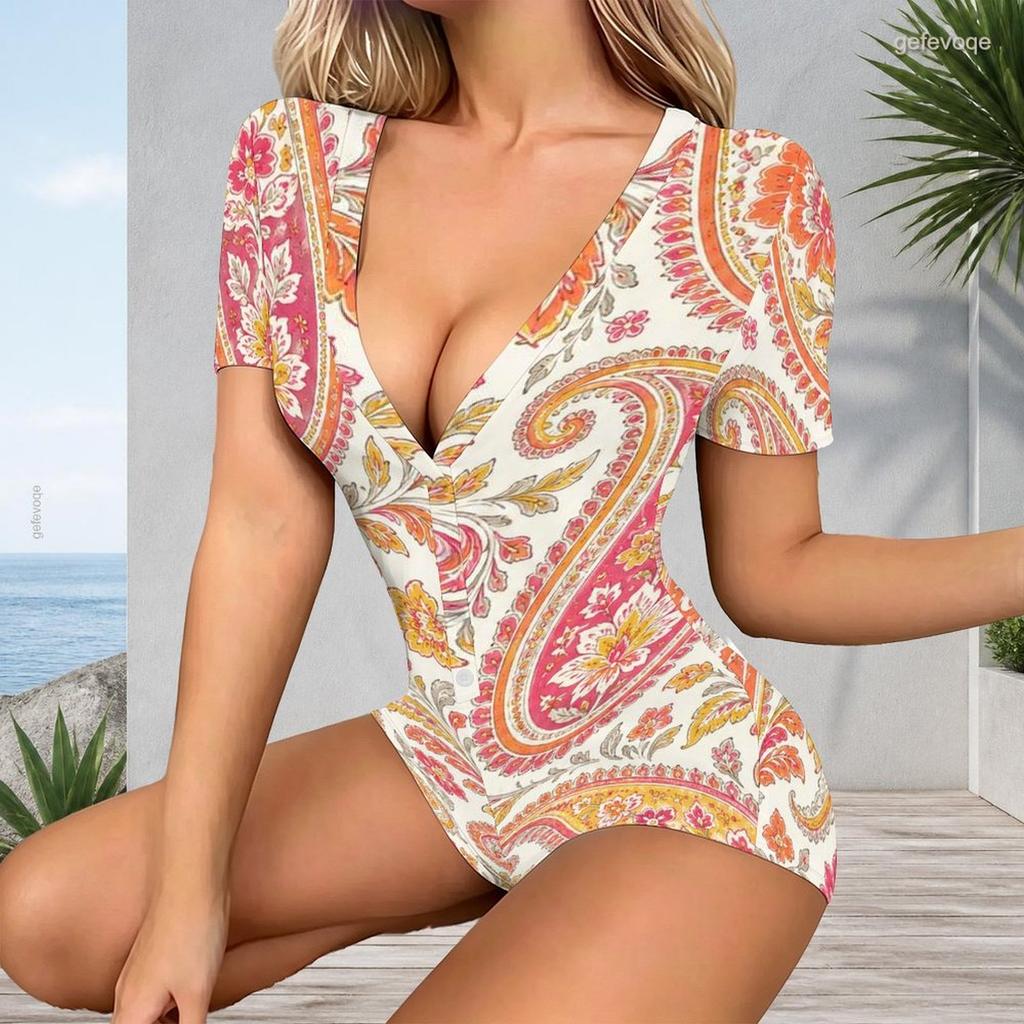 Women Plus Size Paisley Floral Printed V Neck Short Sleeve Button Front Fitted Short Romper