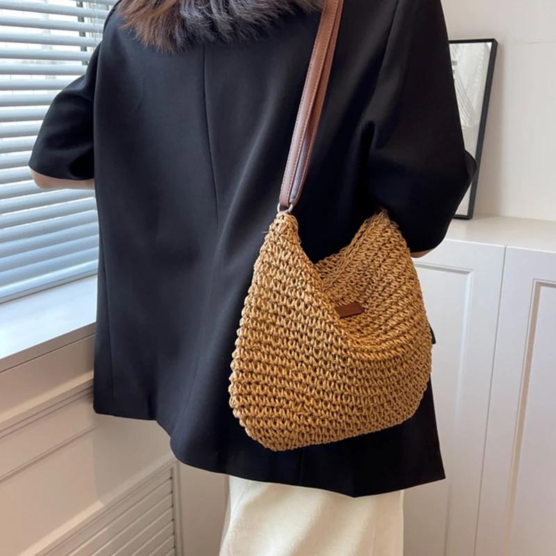 Bohemian Straw Beach Bags For Women High Capacity Handmade Shoulder Bag Casual Woven Totes Bag Shopping Clutch Handbag Purse