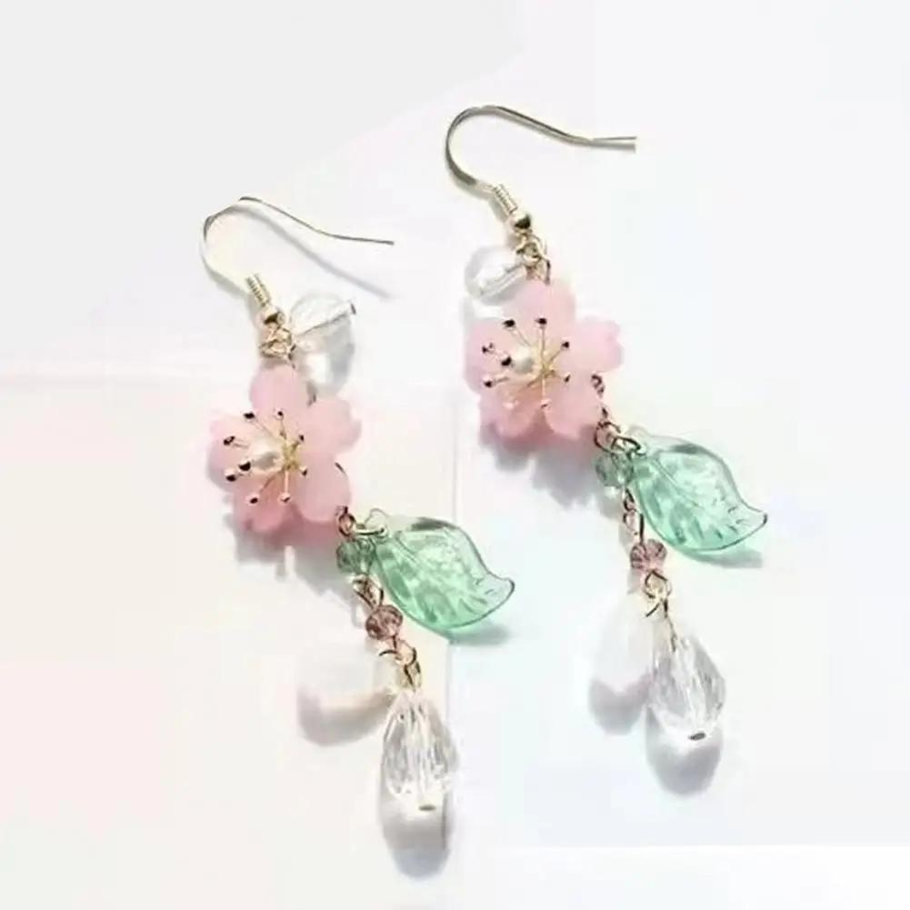 Romantic Elegant Cherry Blossoms Flower Earrings For Women Pink Petals Sakura Long Tassel Drop Earring Dangle Earrings pendiente