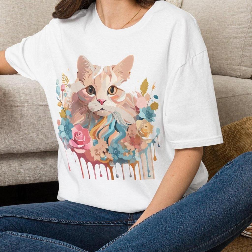 Pastel Floral Cat T-Shirt | Watercolor Kitten Tee, Animal Tee Shirt Gift for her Mom Grandma Family Friend Sister Crew Team Party Aunt