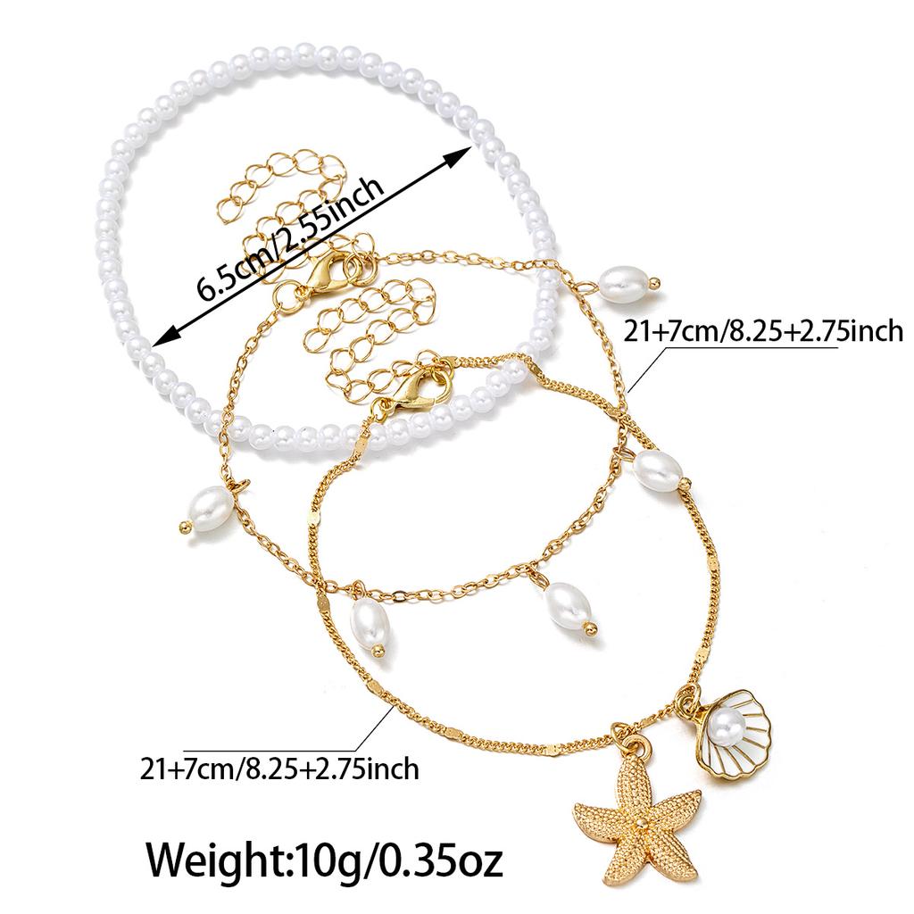 Women's Three-Layer Stacked Starfish Shell Pearl Anklet, Niche Design Ankle Chain with Seaside Vacation Style