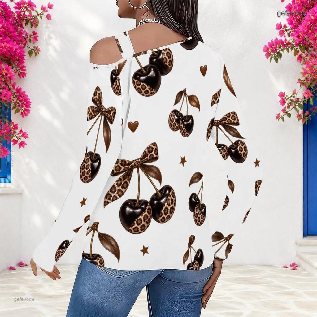 Women Plus Size Asymmetric Cutout Neck Cold Shoulder Long Sleeve White Leopard Belt Heart Star Printed Fitted Top