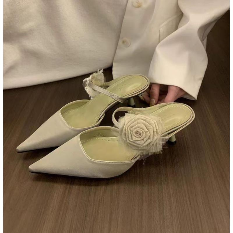 Women's Flower Slippers Pointed Toe Thin Heels Satin Cover Toe High Heel Dress One Kick Mature Elegant Zapatillas De Mujer