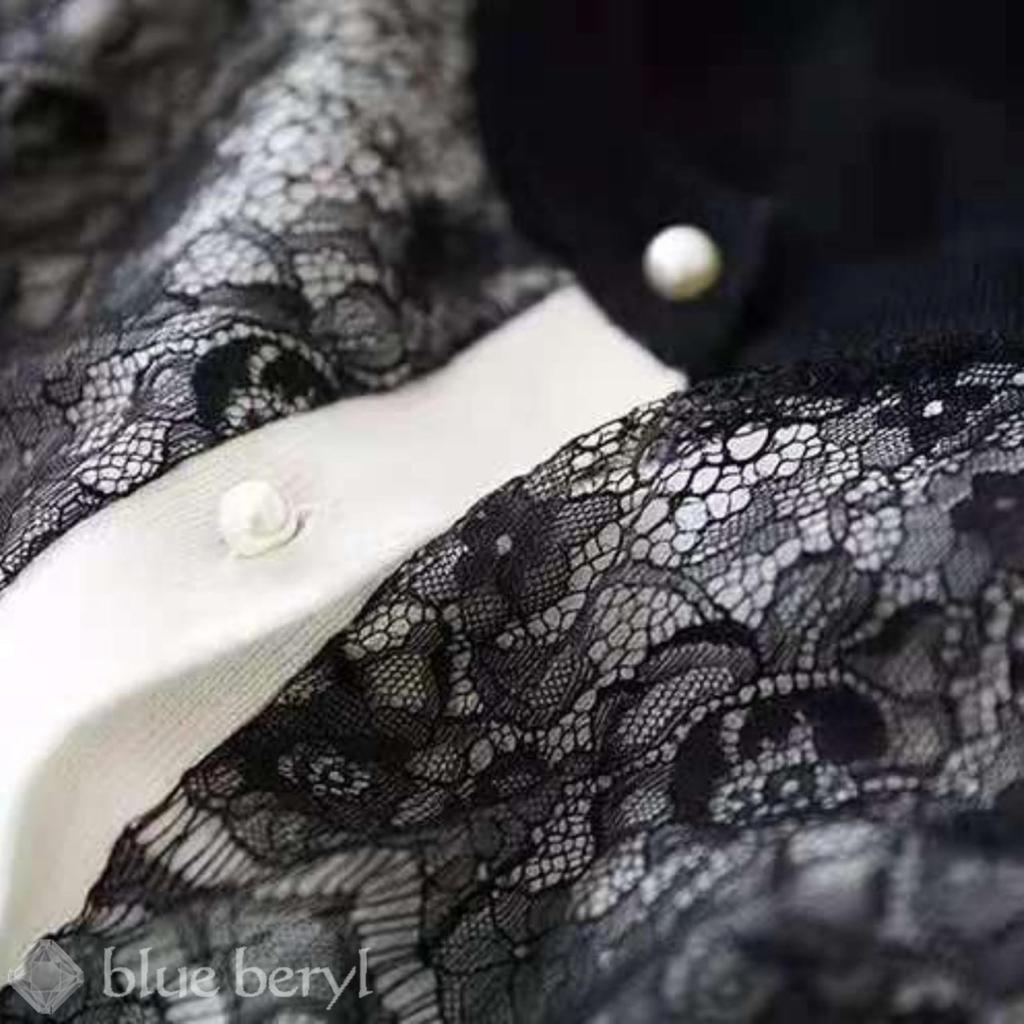 Knit Lace Pearl Long Round [Blue Beryl] [Limited Stock] [Blue Beryl] Women's Cardigan, Front, Buttons, Sleeves, Neck, Piping, Black, BB022-BK-S