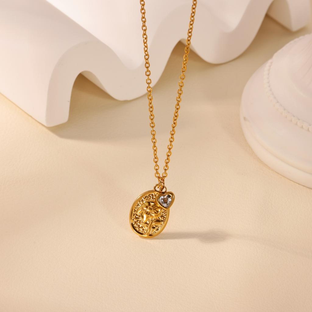 Elegant Geometric Flower Zircon Heart Pendant Necklaces For Women Stainless Steel Flower Necklace Wedding Christmas Jewelry Gift