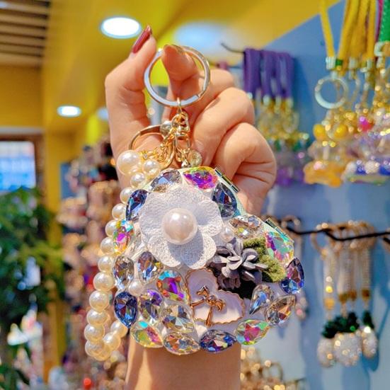 Folding Mirror Keychain Ladies Double-Sided Make-up Mirror with Faux Pearl Chain Rhinestone Mirror Pendant for Travel Touch-ups Bag Accessory