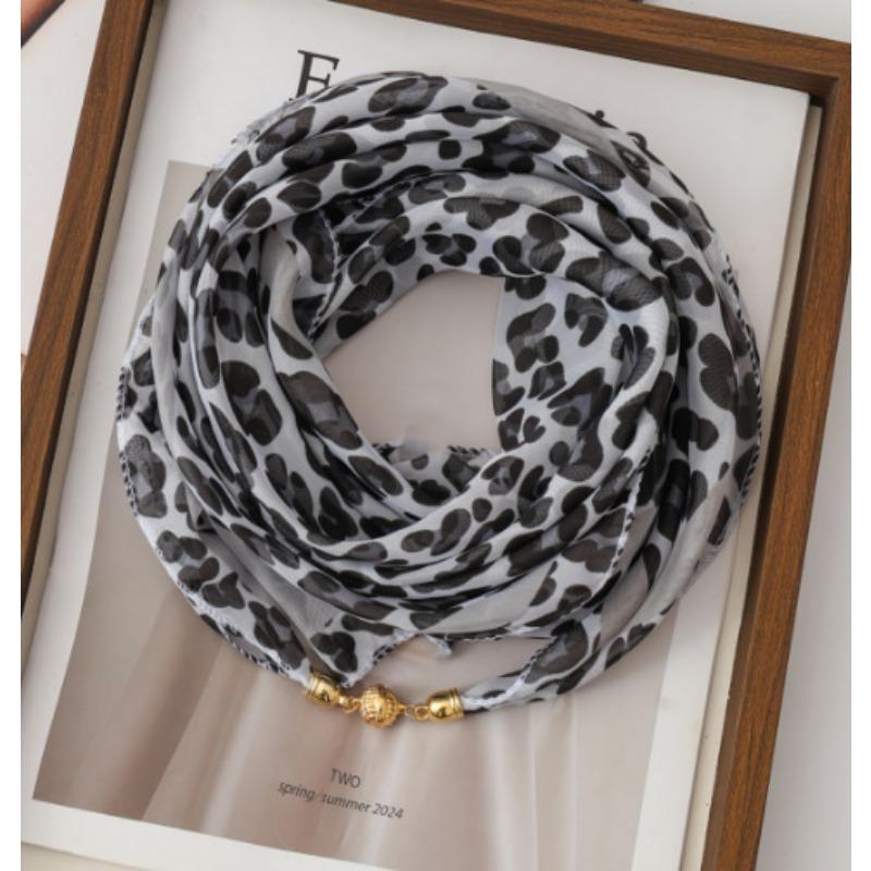 Women Korean Style Leopard Print Magnetic Buckle Scarf Thin Triangle Neck Kerchief Versatile Decorative Neck Scarf for Spring Autumn
