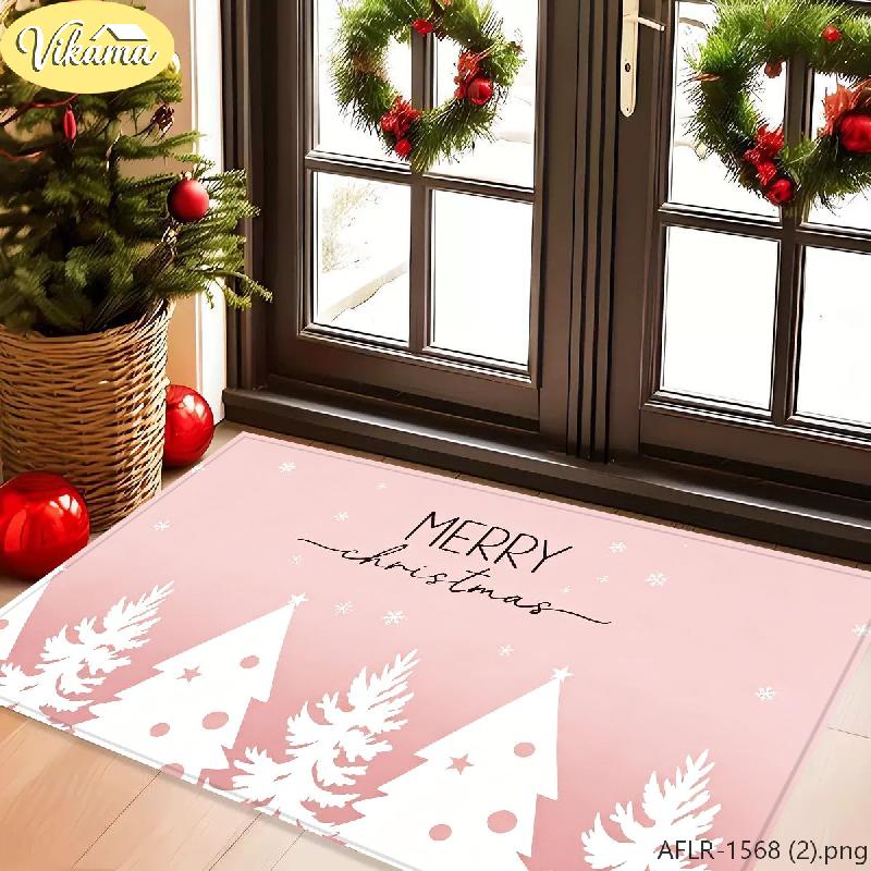 Pink Christmas Tree Doormat Machine Washable Non Slip Entryway Mat Merry Christmas Holiday Decorative Rug Home Decor