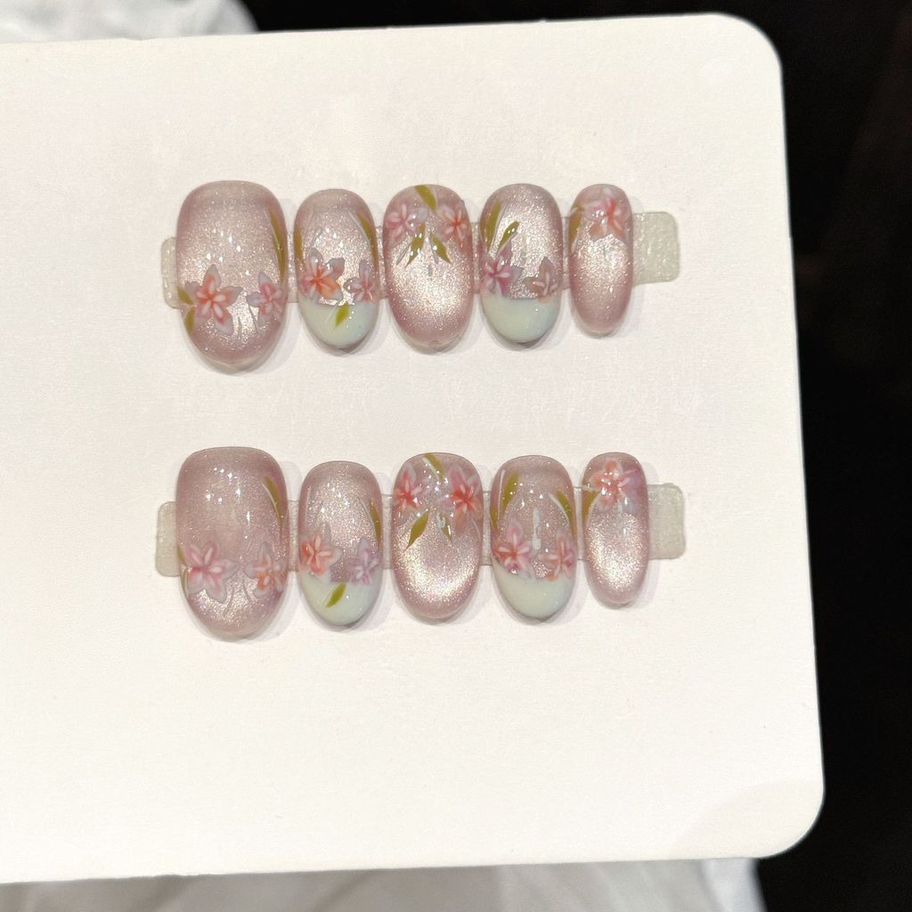 

5in1 Toolkit HANDMADE Press On Nails Nude Pink Cat-Eye Cherry Blossom Phototherapy Fake Nail Patch Artificial Nail Reusable L
